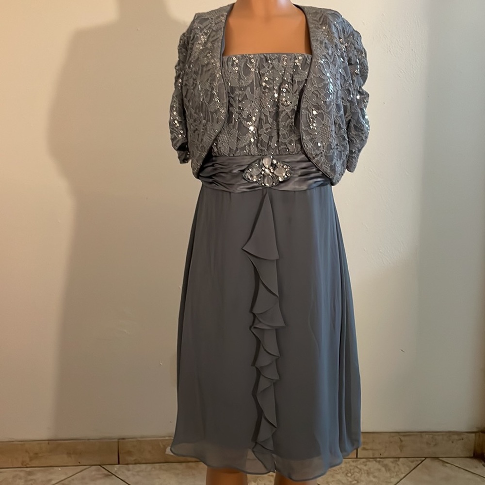 R&M Richards Womens Sequin Lace Jacket Dress with Bead Embellishments- Size 16